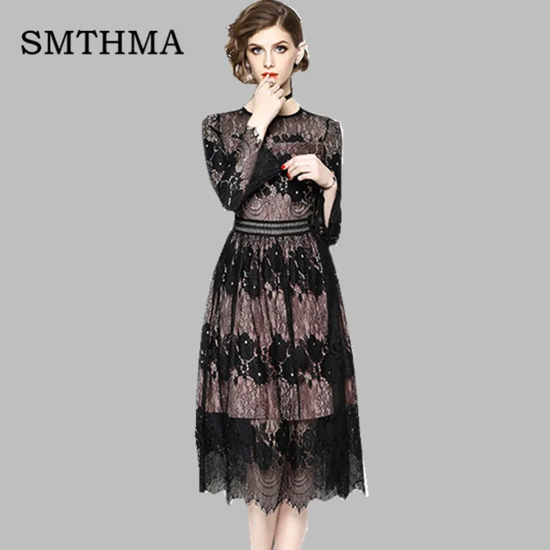 

High Quality Women Bohemian Black Lace Dress 2019 Autumn Casual Long Sleeve Plus Size Dress Clothing vestidos