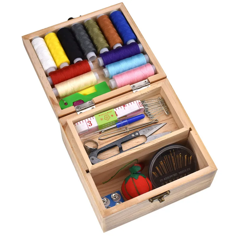 Looen Мультифункциональный деревянный швейный набор в коробке нитки иглы рулетка ножницы кнопки швейные инструменты аксессуары для женщин мама подарок