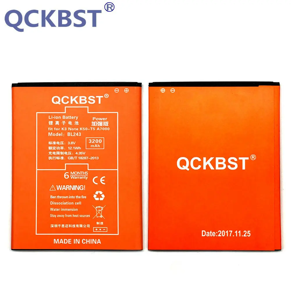 

QCKBST BL243 3200mAh Battery For Lenovo K3 Note K50-T5 A7000 A5500 A5600 A7600 High Capacity Phone Li-ion Batteries
