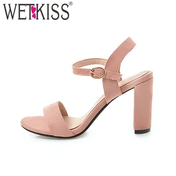 

WETKISS Flock Summer Women Sandals 2018 New Concise Ankle Strap Ladies Shoes Square High Heels Open Toe Footwear Big Size Pink