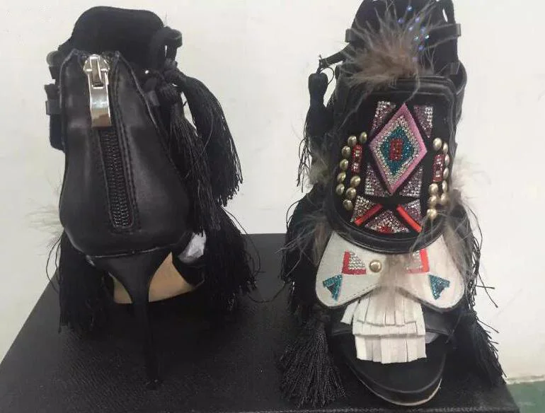 Multicolor-Rhinestone-Pattern-Women-Lace-Up-Sandals-Fringe-Side-Eskimo-Style-Ladies-High-Heels-Ankle-Bandage