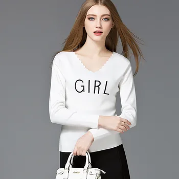 

2018 New Autumn Women Clothing Letter Embroidery Cashmere Pullovers and Sweaters Slim V Neck Knitwear Top Femme