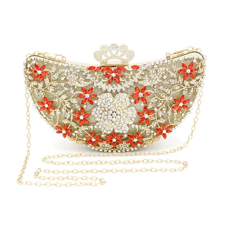 

Supplying Fashion Dinner Bag Golden Lady Hand Slant Bag Crescent Insert Diamond Alloy Dinner Bag Factory Direct Selling