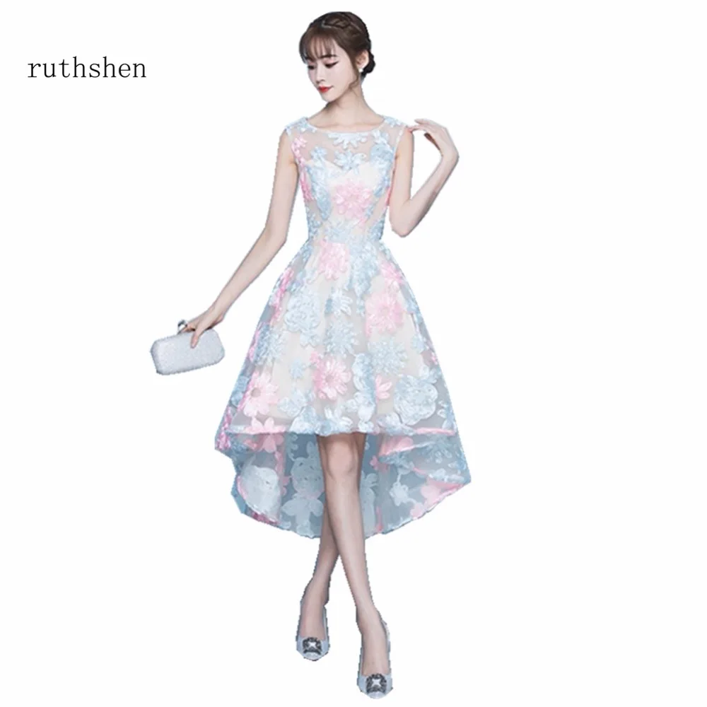 

ruthshen Warming High Low Prom Dress Sleeveless Flowers Evening Party Gowns With Lace Flowers 2018