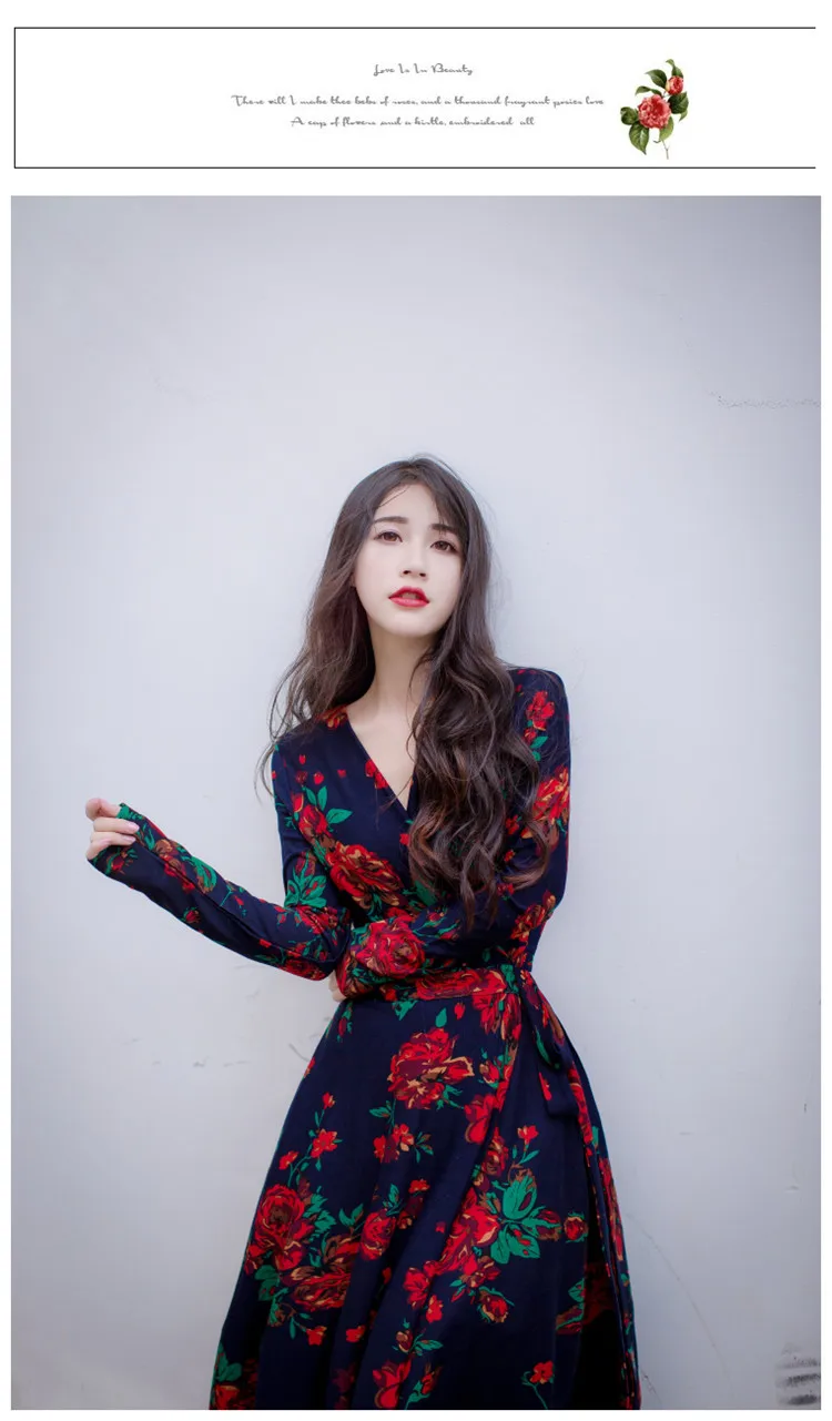 Stylish V-neck Long Sleeve Tie-waist Big Hem Print Dress (9)