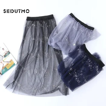 

SEDUTMO Sequin Tulle Skirts Women High Waist Tutu Skirt Pleated Mesh Elastic Slim Vintage Midi Ball Gown Skirt ED719