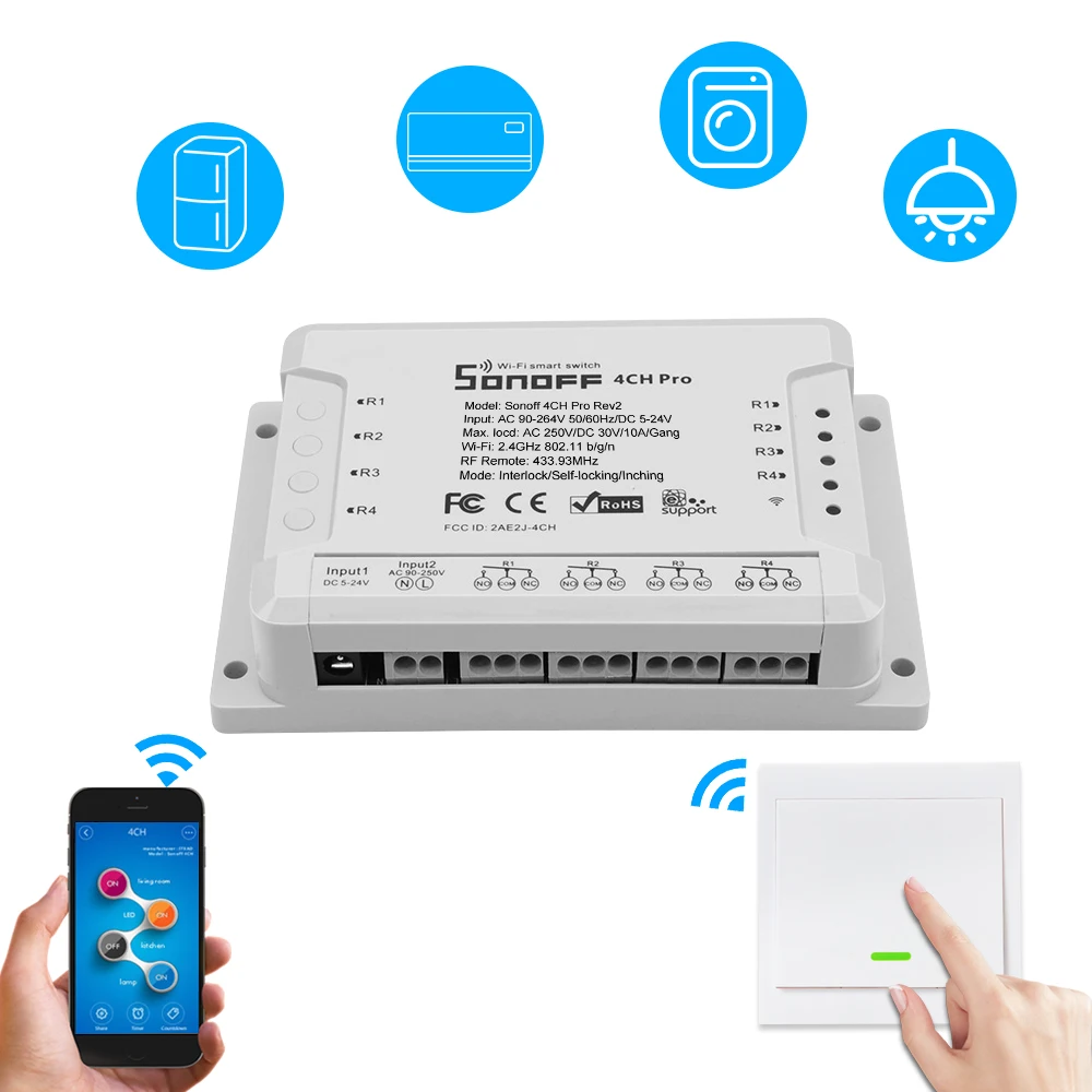 SONOFF 4CH Pro R2 ITEAD RF 433 МГц 4 банда WiFi смарт-коммутатор 3 режима работы инчинг/самоблокирующийся/блокировка для Amazon/Google