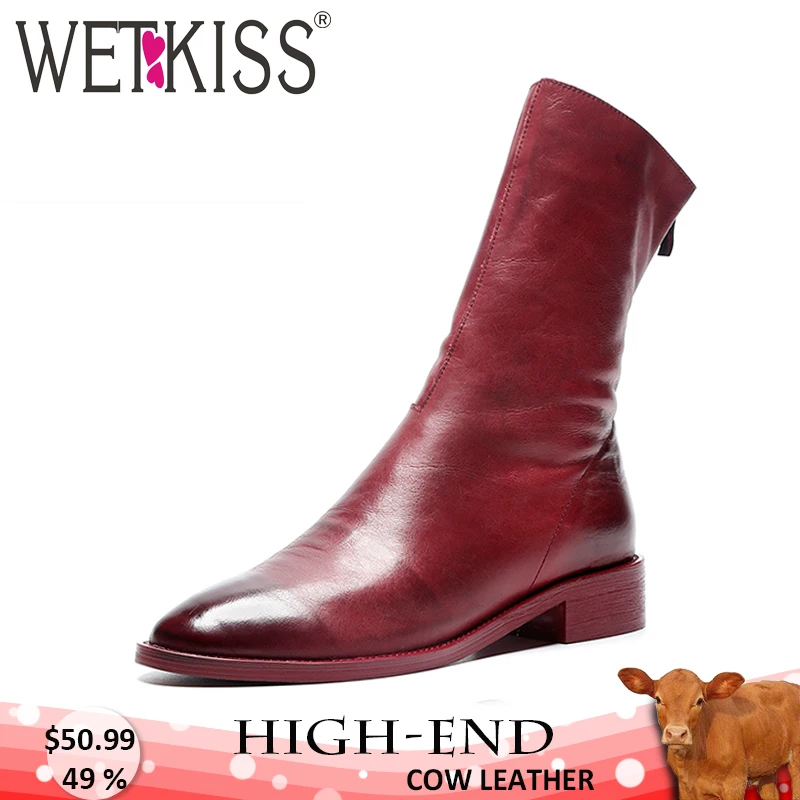 Goedkoop WETKISS Lage Hakken Vrouwen Rode Laarzen Ronde Teen Schoeisel Gradi euml;nt Lederen Enkellaars Vrouwelijke Herfst Winter Schoenen Vrouw 2018 Zip laarzen
