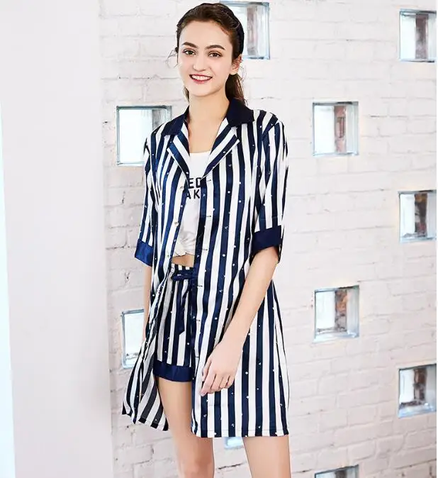 Luxury Silk Summer Sleepwear Long Sleeve 3 piece sets Silk Pajama Women