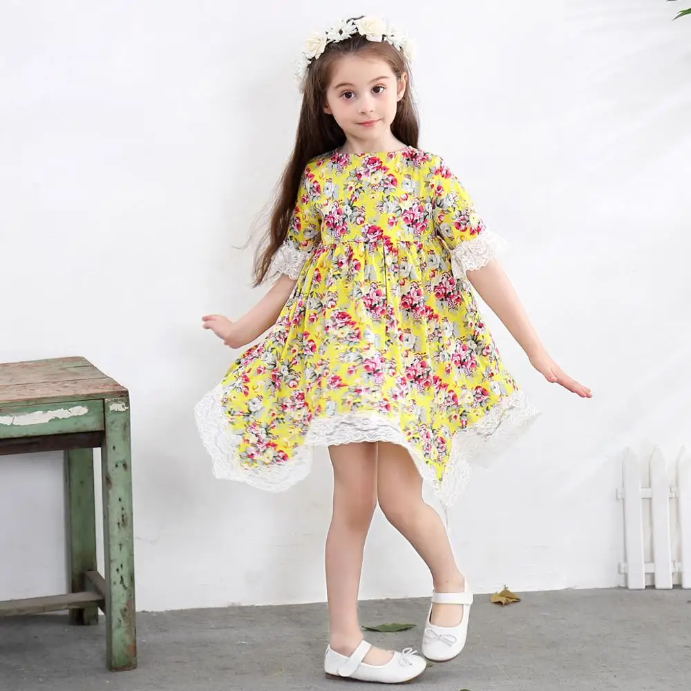 

Kids Floral Print Dresses For Girls Short Sleeve Asymmetrical Princess Dress For Party And Wedding Girls Clothing