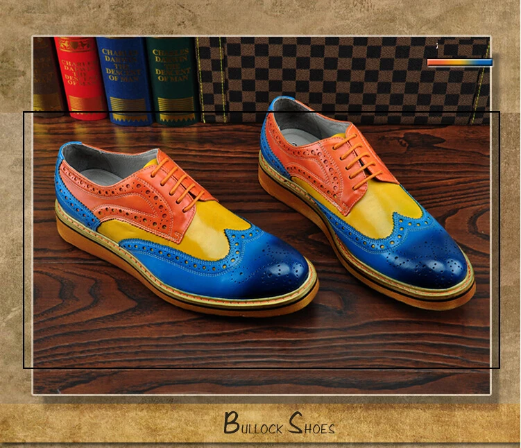 Branded Design Men's Casual Patent Full Grain Leather Oxfords Shoes Lace-Up Full Brogues Shoes Pointed Toe Fashion Mixed Color (9)