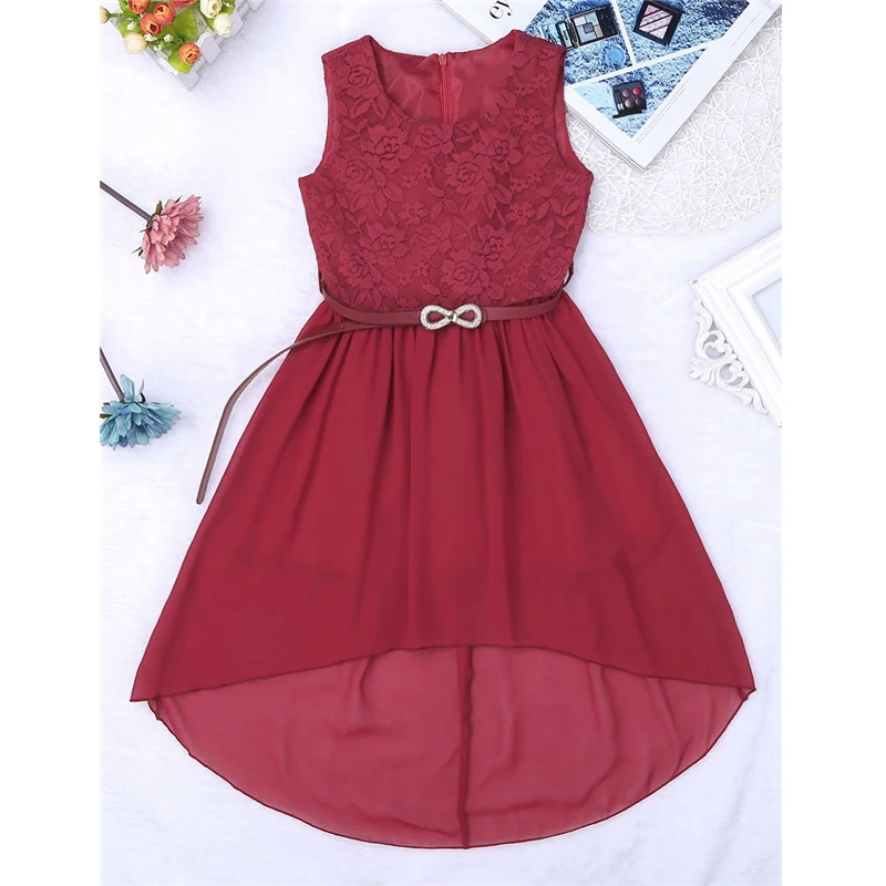 Floral sem Mangas Festa de Aniversário Vestido da Menina Vestido de Princesa com Cinto Crianças Meninas Chiffon Rendas Vestidos Chá Comprimento Flor 16 Casamentos e Eventos