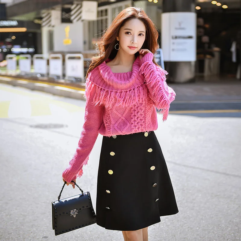 Dabuwawa Rose Pink boat neck Tassels Sweet Sweater Winter 2018 New Women Fashion Lapel Loose Short Thick Sweater Top