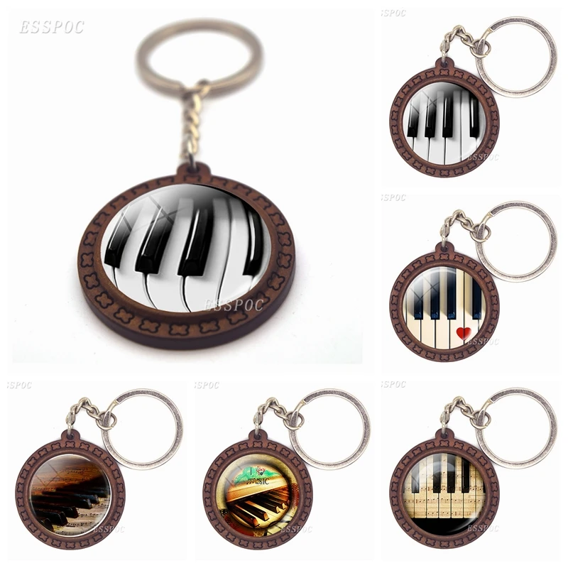 

Piano Keychain Musical Instruments Jewelry Retro Piano Glass Cabochon Wooden Keyring Handmade Gift for Music Lovers
