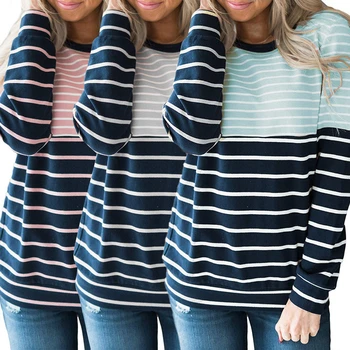 

2019 Women Autumn Stripe Long Sleeve Pullover Loose Split Join Sweatshirt O-neck Soft Fake Two-pieces Pullover GRNSHTS
