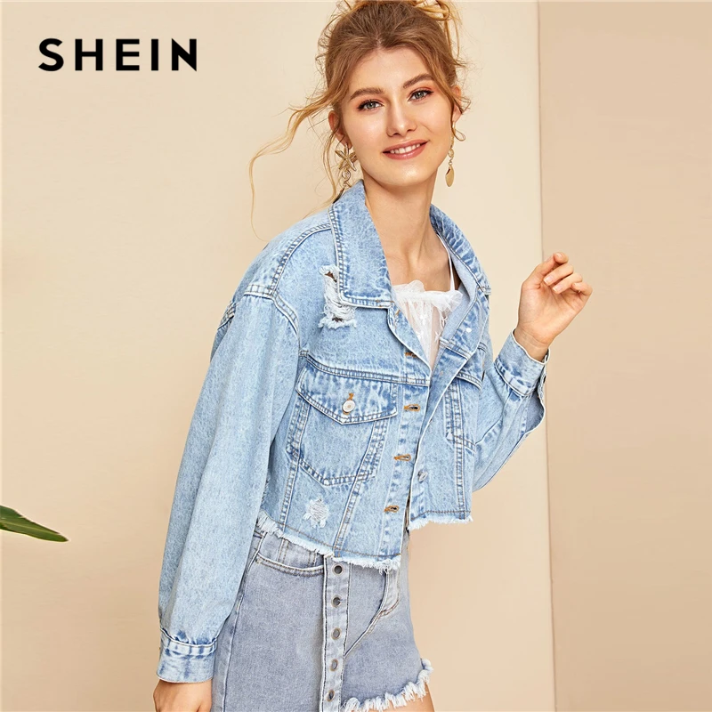 SHEIN синий потертый край укороченный джинсовый жакет женский весна осень