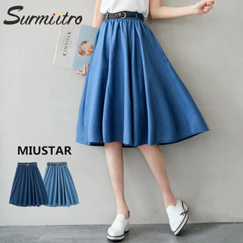 

Surmiitro Blue Denim Summer Skirt Women With Belt 2019 Midi Knee Length A-line Pleated High Waist Sun School Jeans Skirt Female