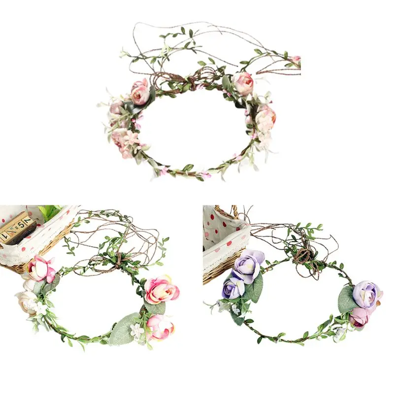 

Women Bridal Adjustable Garland Headband Imitation Rose Floral Faux Rattan Ribbon Crown Hair Wreath Wedding Beach Party Hairband