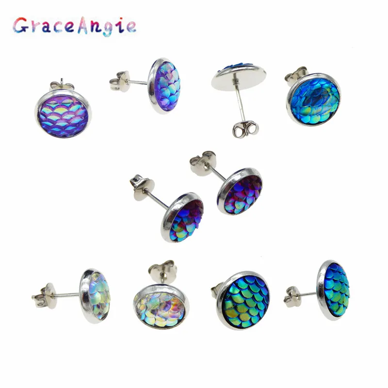 

GraceAngie 5pair/pack Mixed Stainless Steel Mermaid Scale Skin Earring Stud Fairy Styling Mysterious Style Sparkling