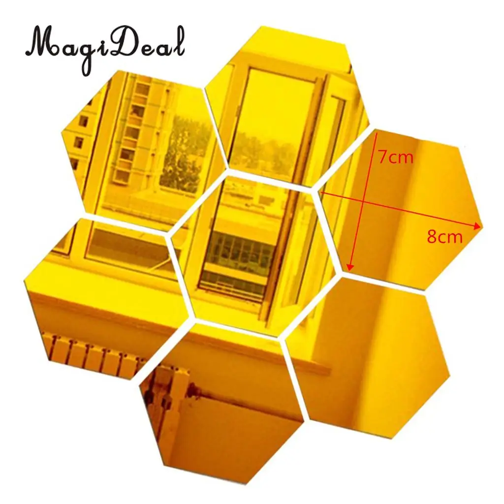 7Pcs 3D Mirror Surface Hexagon Vinyl Removable Sticky Wall Sticker Decal Coffee Cafe Bar Chic Decor Art Mural DIY