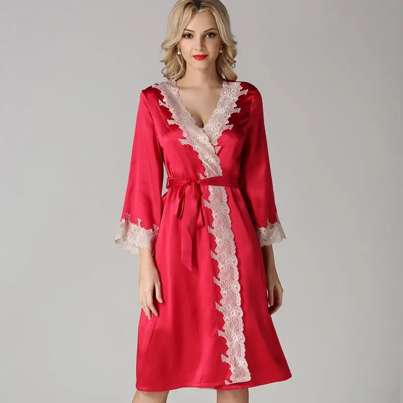 CEARPION, Женский банный халат, Шелковый натуральный халат невесты, кимоно, халат, Сексуальная кружевная ночная рубашка, ночное белье, свадебный подарок - Цвет: Красный