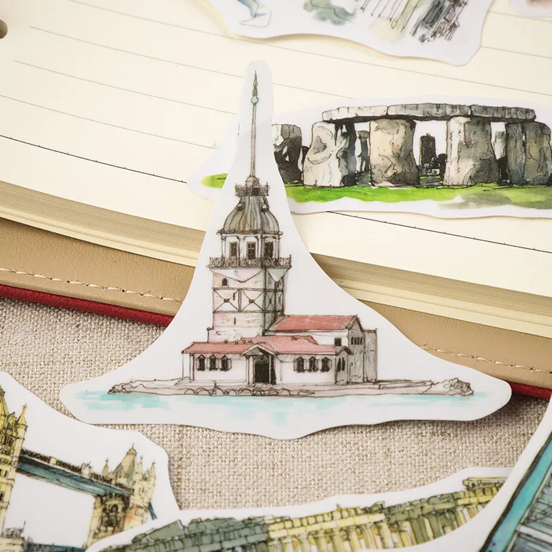 

42pcs Famous European Architecture Stickers Kawaii Stationery Material Escolar DIY Scrapbooking Dairy Photo Album Label Stickers