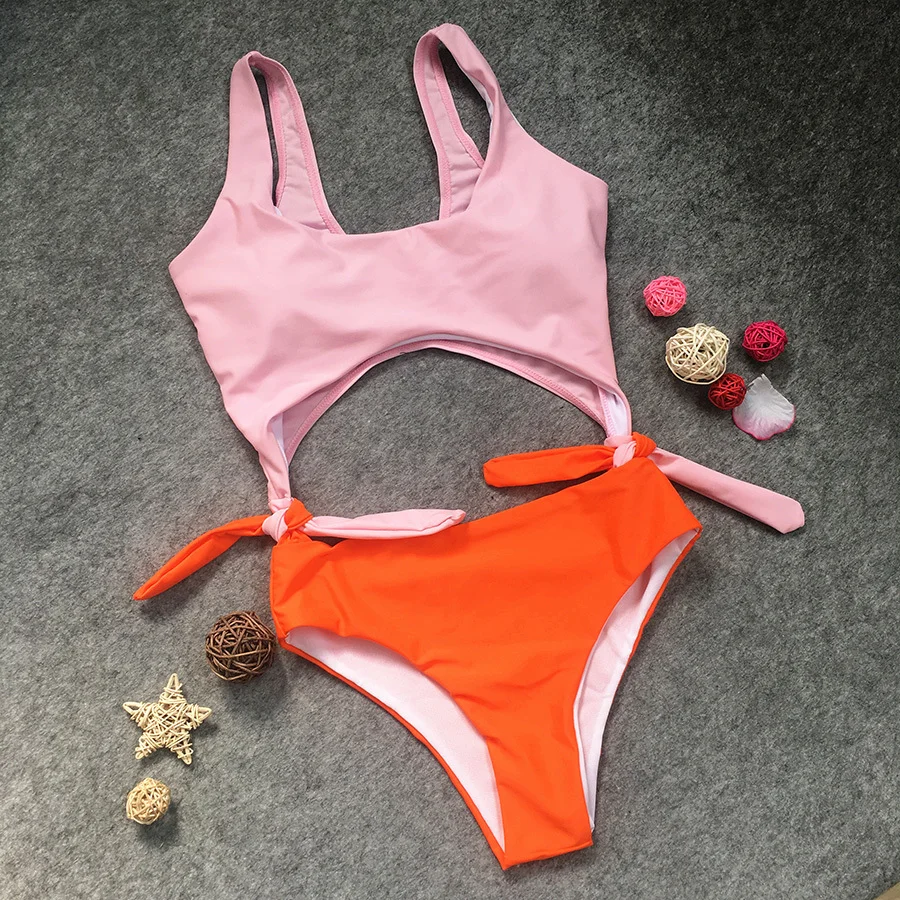 Pink Orange Patchwork One piece Swimsuit Sexy Cut Out Swimwear Floral