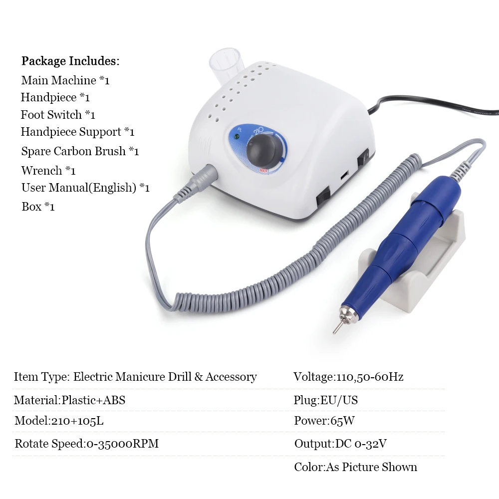 Strong 210 105L 65W 35000RPM Electric Nail Drill Machine 210 Model Handpiece Manicure Pedicure Nail