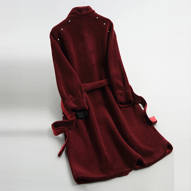 Solide Manteaux Réel Femmes Mouton Ll2030 Veste Automne De Laine Fourrure 2018 Longue Manteau Beige wine Hiver Red Femelle Mode Femme noir cARj4L35q