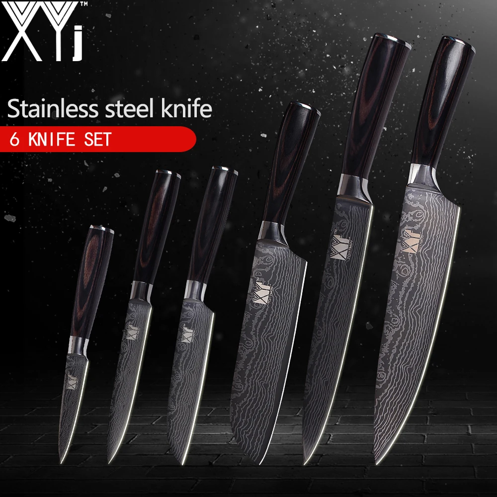 

XYj Kitchen Knives 6pcs Set High Carbon 7Cr17 Stainless Steel Knife Patterned Cooking Tools Paring Utility Santoku Slicing Chef