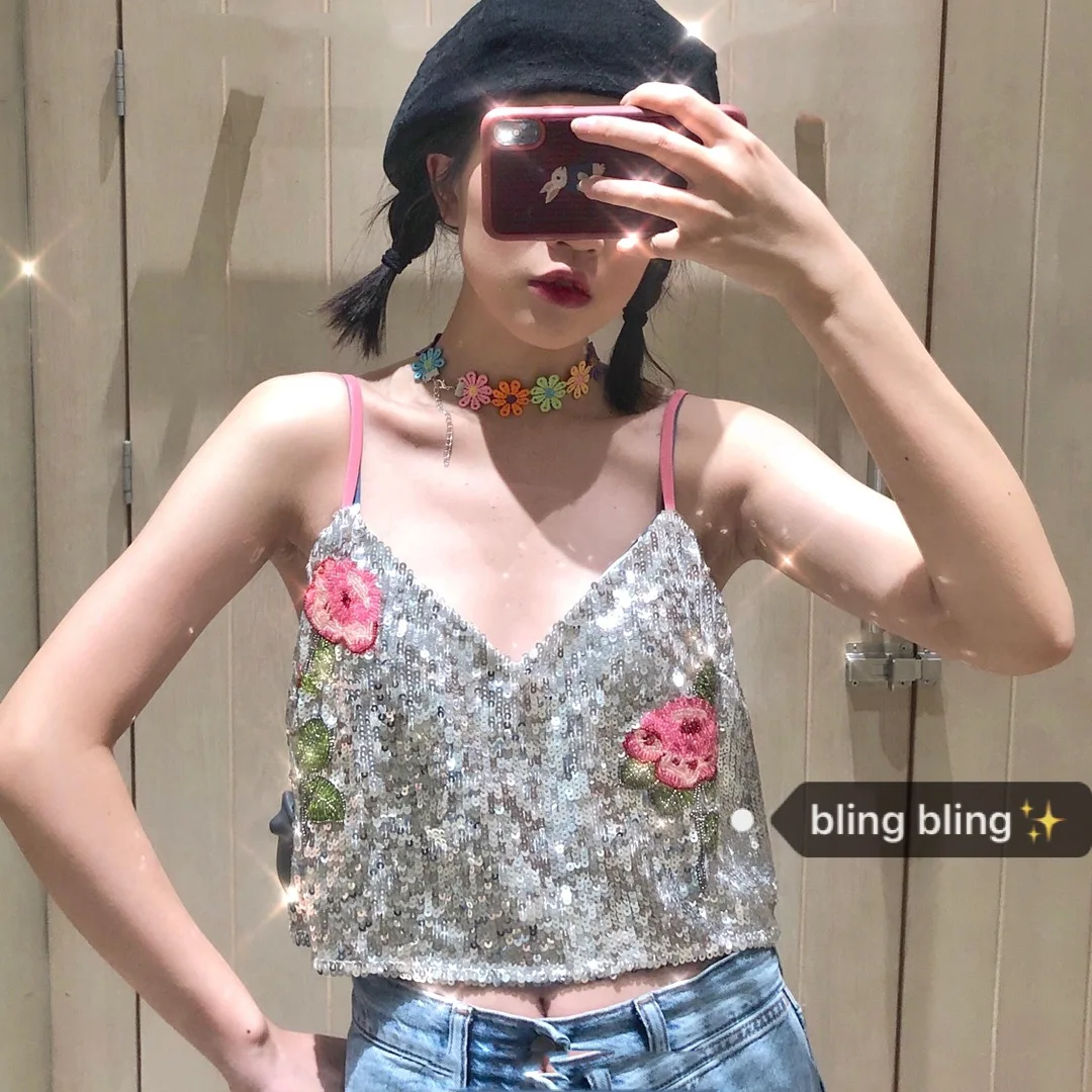 Women's Clothing summer top sexy Sequins hotline bling Crop top fashion Summer new spaghetti floral embroidery strap tank vest