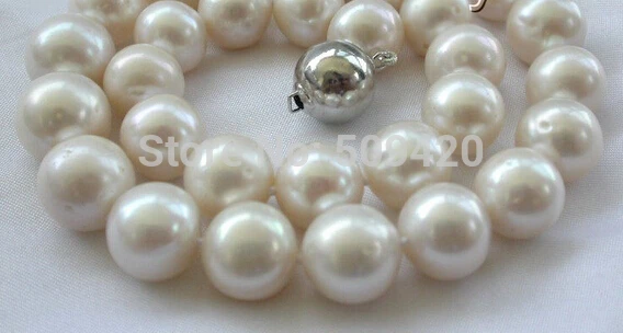 

~~ W&O658>>stunning wow big 13mm round white freshwater cultured pearl necklace silver