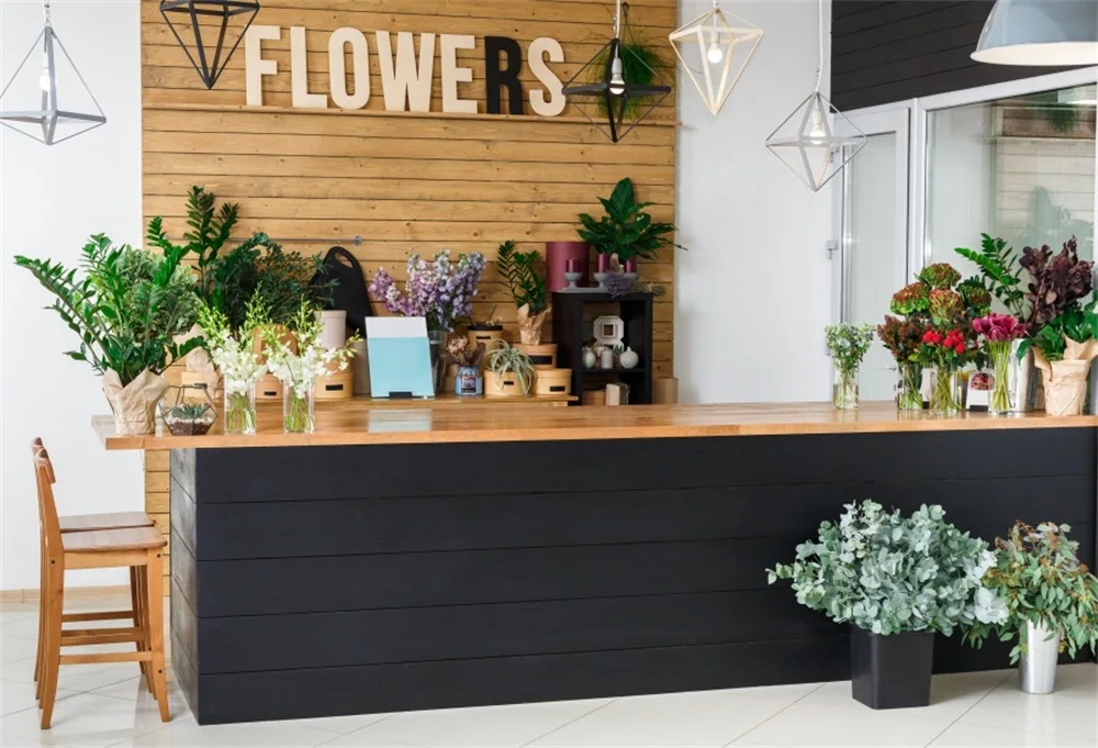 

Laeacco Flower Store Desk Light Wooden Board Interior Photographic Backgrounds Customized Photography Backdrops For Photo Studio
