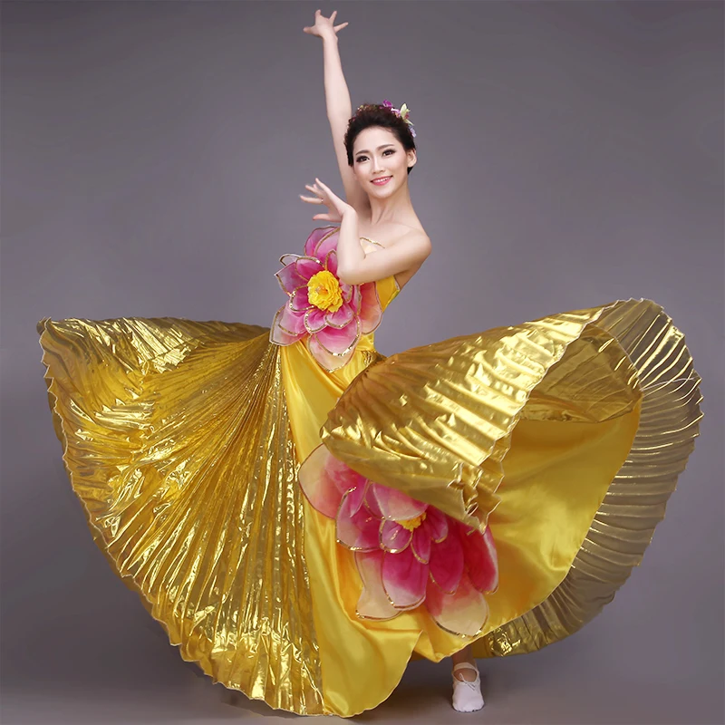 Дизайн золотой танцевальный костюм для фламенко танец для женщин открытие бюстгальтер для танцев юбка сценическая одежда