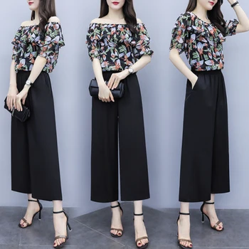 

Spring 2019 New Print Twinset Korean Slash Neck Off Shoulder Two Piece Set Chic High Waist Pocket Casual 2 Piece Set Women