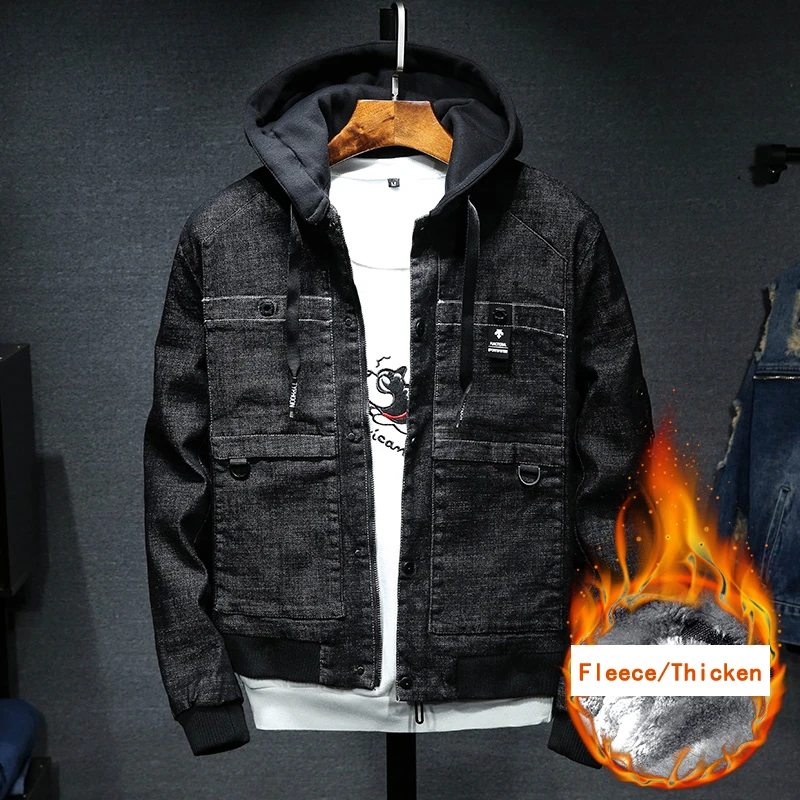 New Thicken Fleece Short Black Denim Jacket Men Winter Warm Plus Velvet Hooded Coat Male Fur collar Casual cowboy Jackets New Thicken Fleece Short Black Denim Jacket Men Winter Warm Plus Velvet Hooded Coat Male Fur collar Casual cowboy Jackets