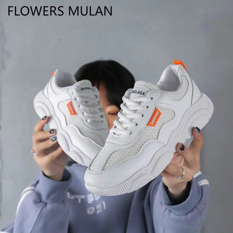 

Brand New Designer 2019 Spring Autumn Women Sneakers Patchwork Mesh Leather Upper Female Trainers Lace Up Zapatos De Mujer Shoes