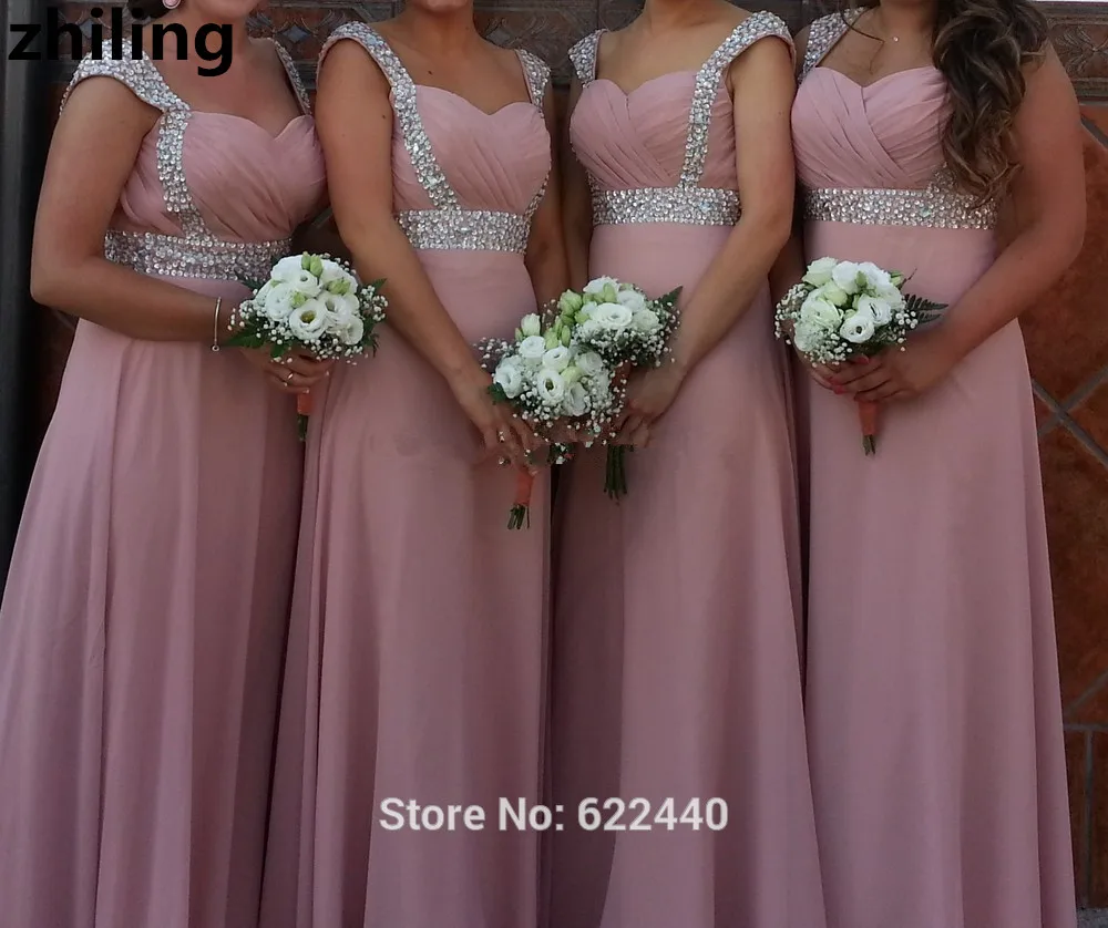 Beaded Spaghetti Straps Long Bridesmaid Dresses Dusty Pink Maid Of