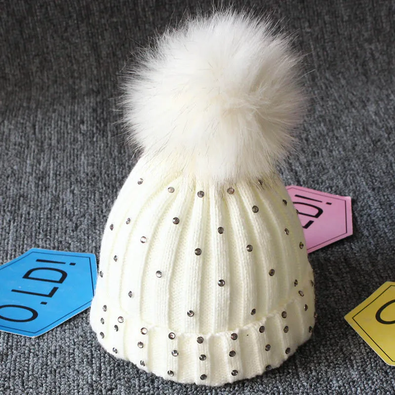 Зимняя детская шапка, помпон с искуственным мехом, детская шапка с жемчугом, теплые вязанные шляпы для девочек, вязаные шарики, шапочка - Цвет: style2 white