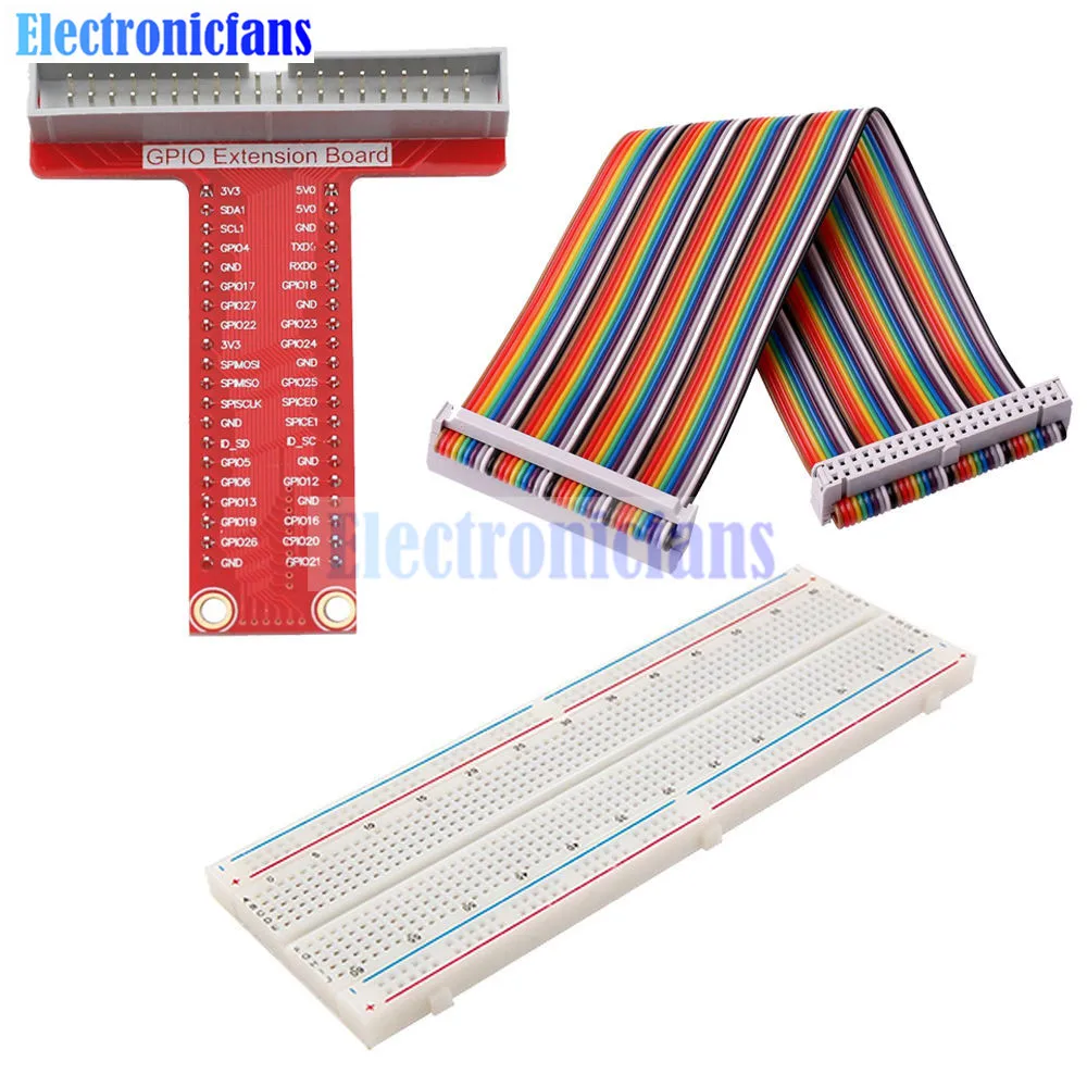 

Diy Kit T-Shaped Breakout Extention Board Adapter Plate + 40Pin GPIO Cable + Breadboard for Raspberry Pi 2 3 B+