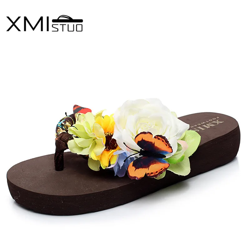 XMISTUO/Вьетнамки; женская летняя пляжная обувь; милые тапочки на толстой нескользящей подошве с цветком