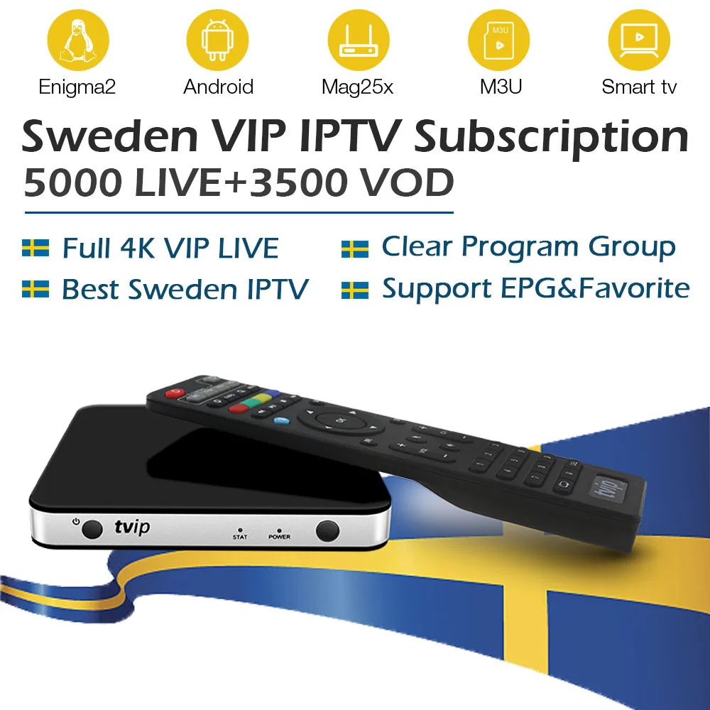 

TVIP 605 tv box with android Linux OS+1 year Nordic Sweden iptv subscription 6000 live iptv EPG for smart tv World ipv box