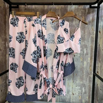 

Women Silk Pajama Set 2019 Autumn Female Sexy Lace Night Robe Pyjamas Suit Women's High Quality Silk Sleepwear