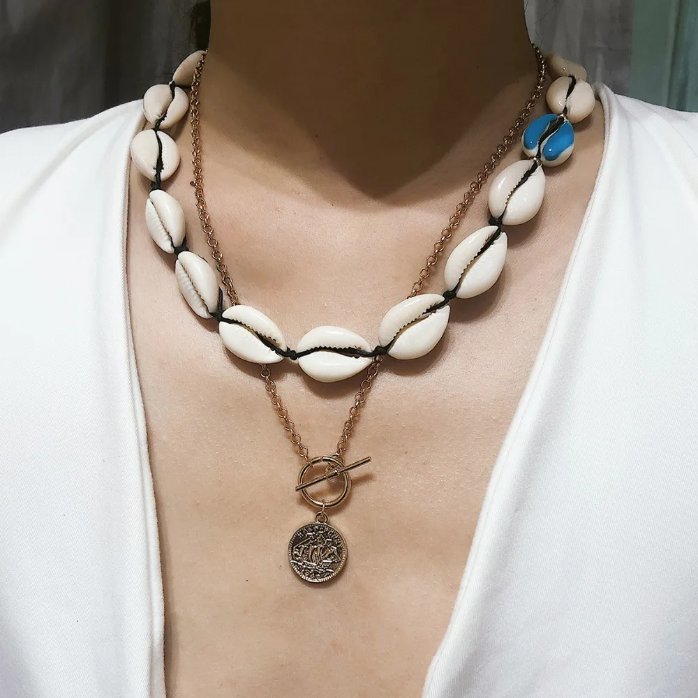 

KMVEXO Boho Hawaiian Sea Shell Necklace Choker Jewelry Bohemian Beach Necklace Shell Gold Coin Jewelry For Women Collares Gift