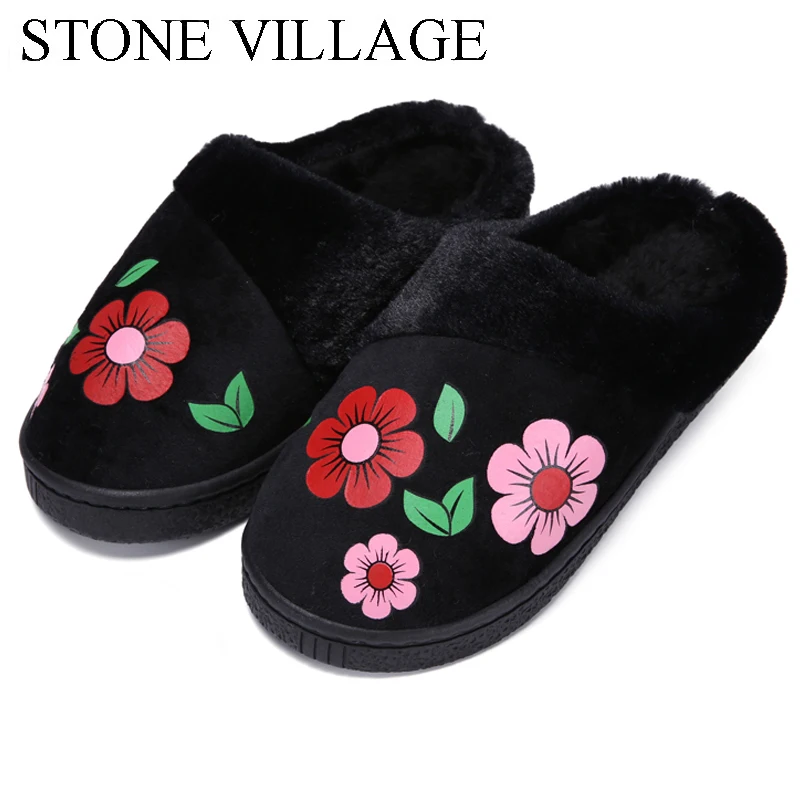 

New Arrival Flower Print Flat Indoor Shoes Winter Plush Warm Home Slippers High Quality Women Slippers Size 36-40