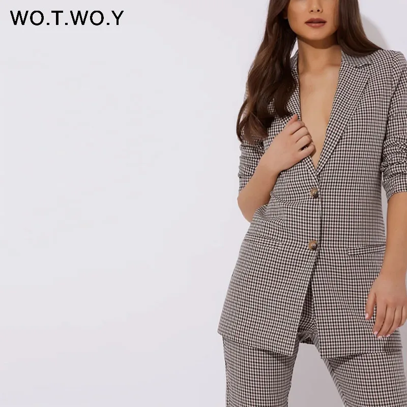 WOTWOY Autumn Winter Plaid Blazer Women Double Breasted Pocket Office Ladies Suit Coat Vintage Elegant Jacket Outerwear Female WOTWOY Autumn Winter Plaid Blazer Women Double Breasted Pocket Office Ladies Suit Coat Vintage Elegant Jacket Outerwear Female