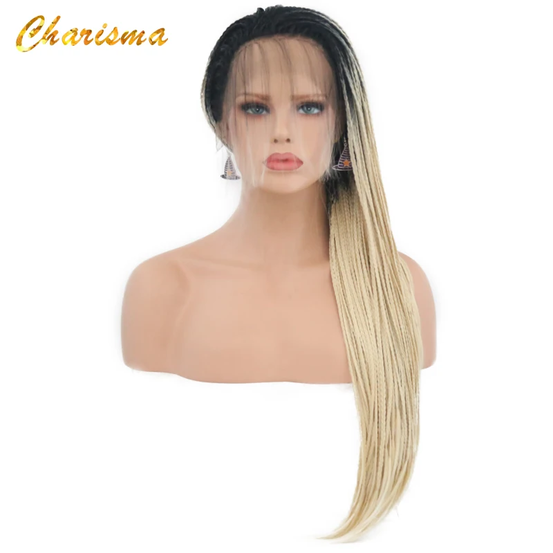 Харизма синтетический Омбре волос парик шнурка высокая температура волокна волос длинные коричневые твист коробка косы кружева передний парик для женщин