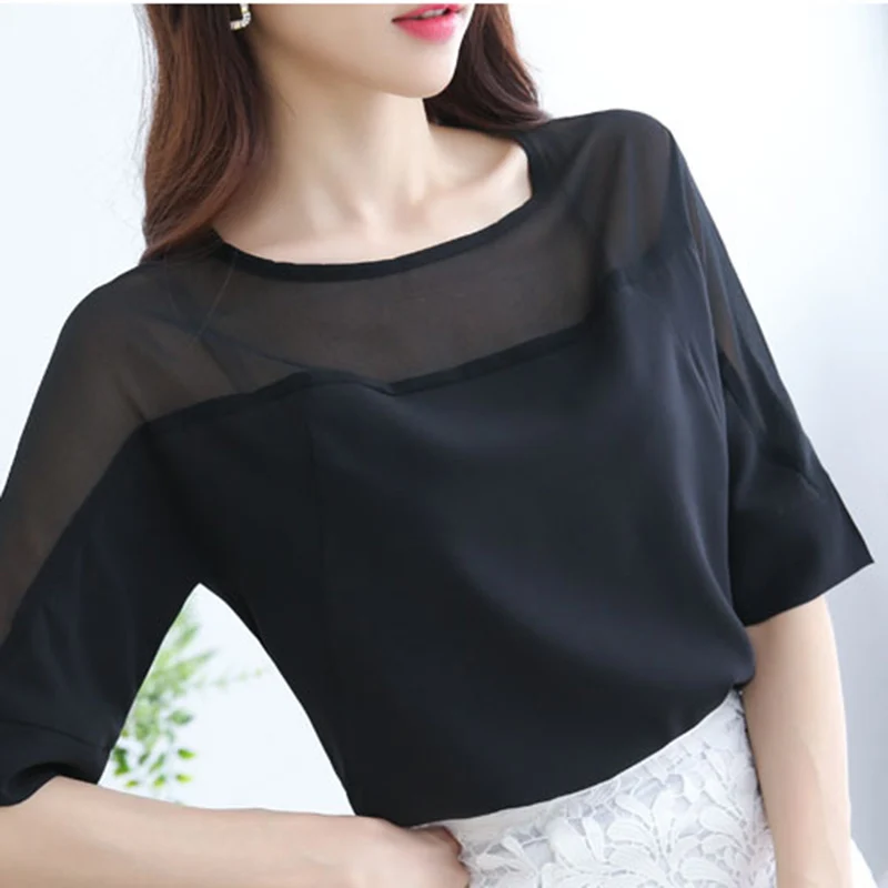 Women Crop Top Lace See Through Blouse Mesh T-shirt Lantern Sleeve Shirt S-3XL