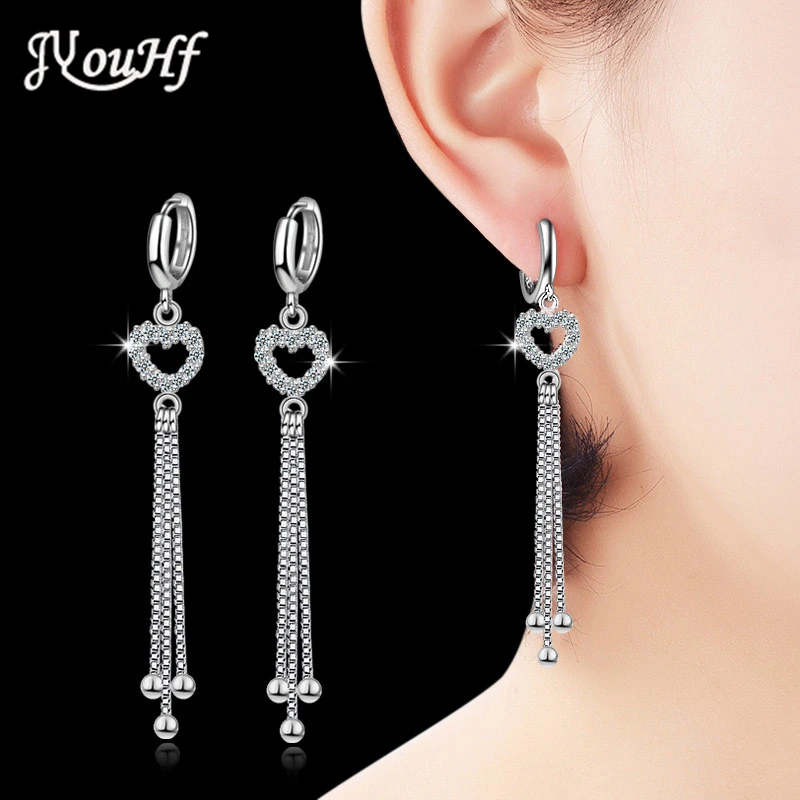 

JYouHF 2018 Elegant Tassel Earrings for Women Brincos Fashion AAA Zircon Heart Charms with Beads Long Earrings Silver Jewelry