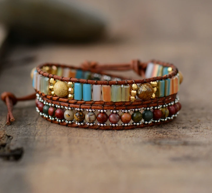 

New Leather Bracelets Natural Stones Crystal 2 Strands Wrap Bracelets Handmade Vintage Woven Boho Bracelet Dropshipping